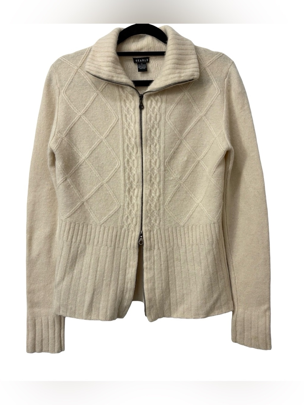 Searle 100% Cashmere Full Double Zip Sweater Beige Cable Knit Size Medium